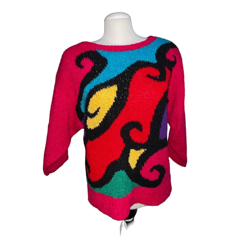 Vintage Beldoch Popper Geometric Colorful 80's Knit Sweater Sz Large Womens Long
